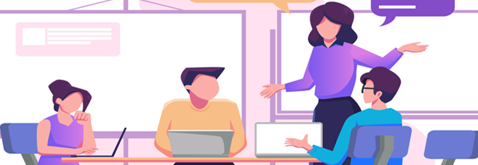 An illustration of a person explaining to 3 other office personnel.